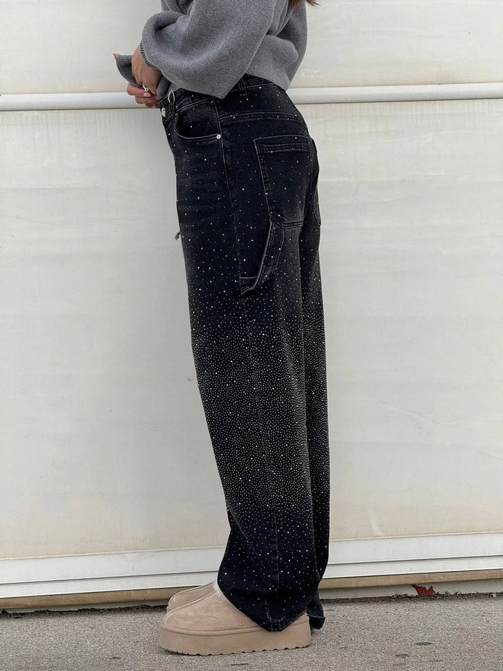 Women’s High-Waisted Straight Leg Jeans | Vintage Denim Style with Crystal Accents