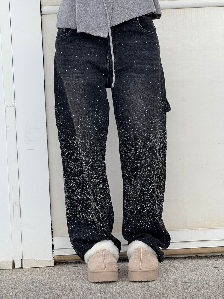 Women’s High-Waisted Straight Leg Jeans | Vintage Denim Style with Crystal Accents