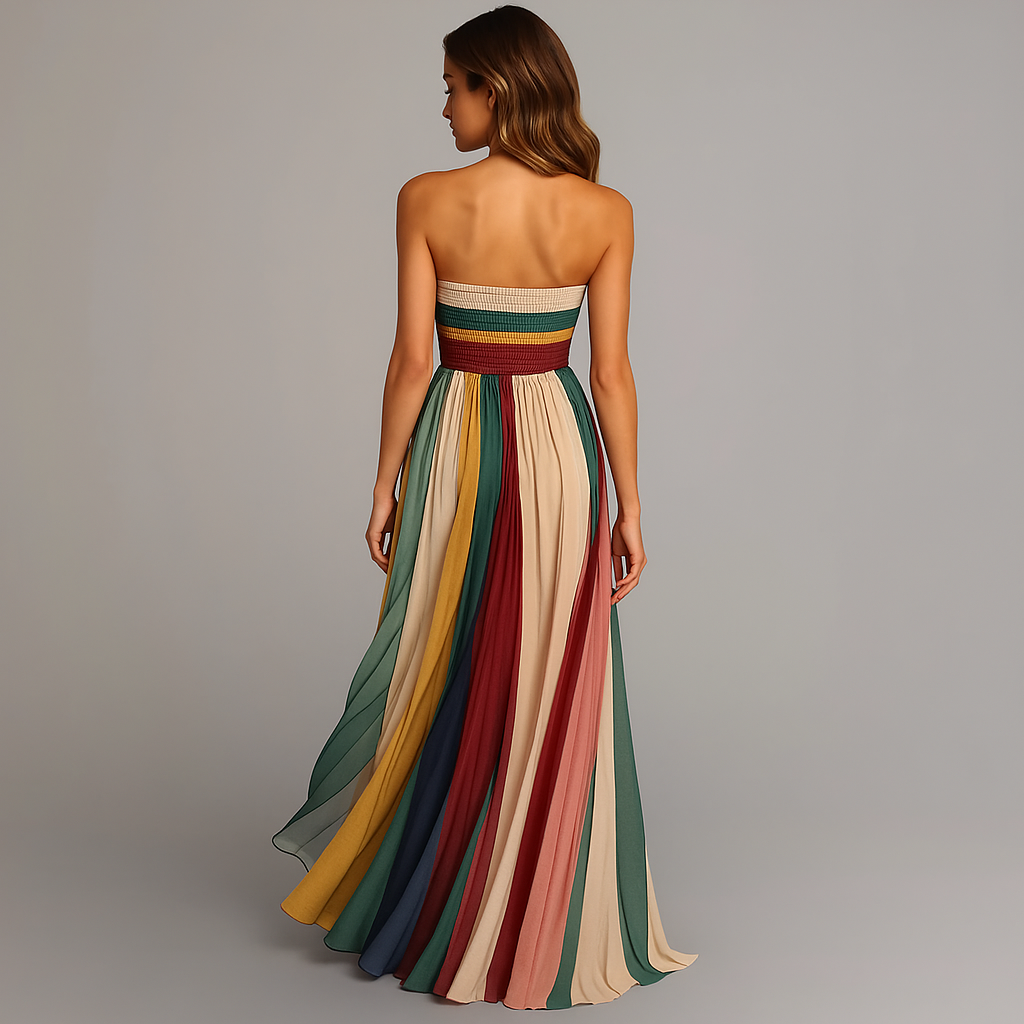 Women's Colourful Pleated Maxi Strapless Summer Dress Outfit for Summer Holidays Weddings Parties and Everyday Wear