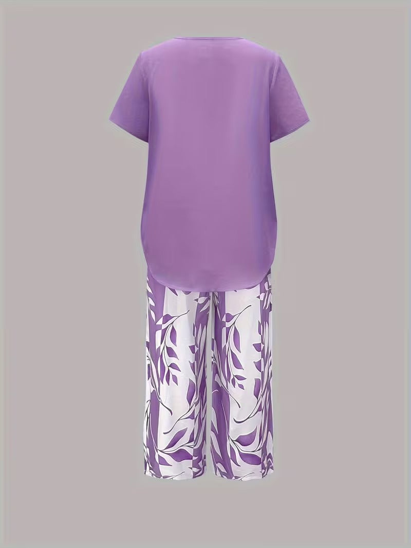 Women's Summer Leaf Print Two Piece Casual Set Outfit for Weddings Parties Holidays Occasions and Everyday Wear