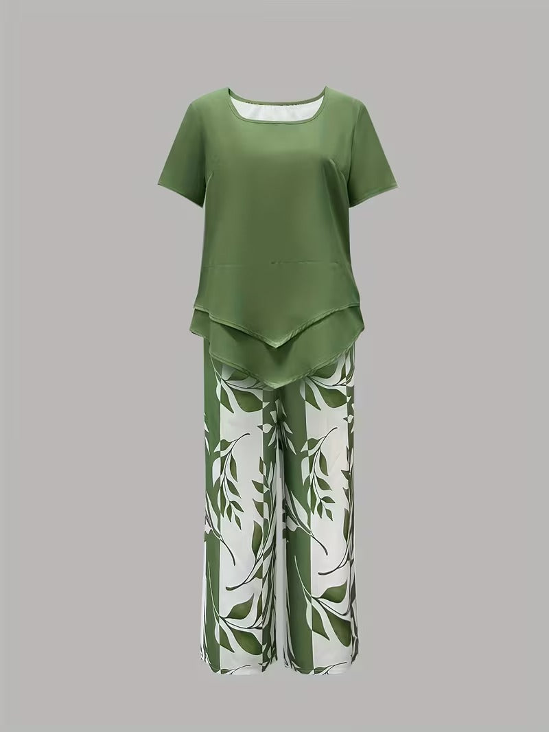 Women's Summer Leaf Print Two Piece Casual Set Outfit for Weddings Parties Holidays Occasions and Everyday Wear