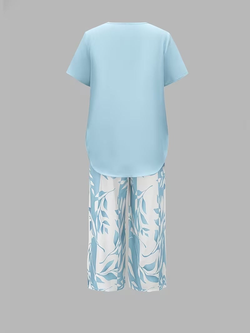 Women's Summer Leaf Print Two Piece Casual Set Outfit for Weddings Parties Holidays Occasions and Everyday Wear
