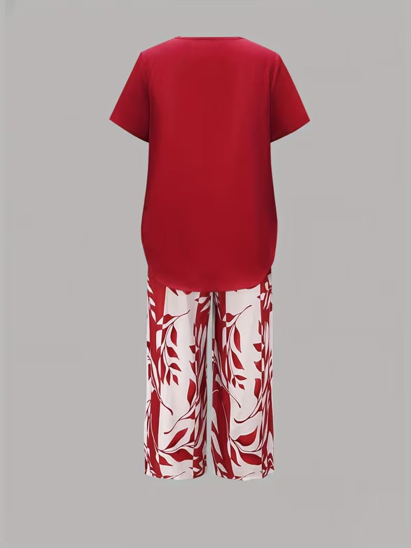 Women's Summer Leaf Print Two Piece Casual Set Outfit for Weddings Parties Holidays Occasions and Everyday Wear