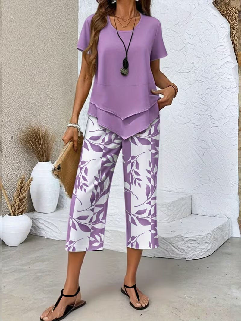 Women's Summer Leaf Print Two Piece Casual Set Outfit for Weddings Parties Holidays Occasions and Everyday Wear