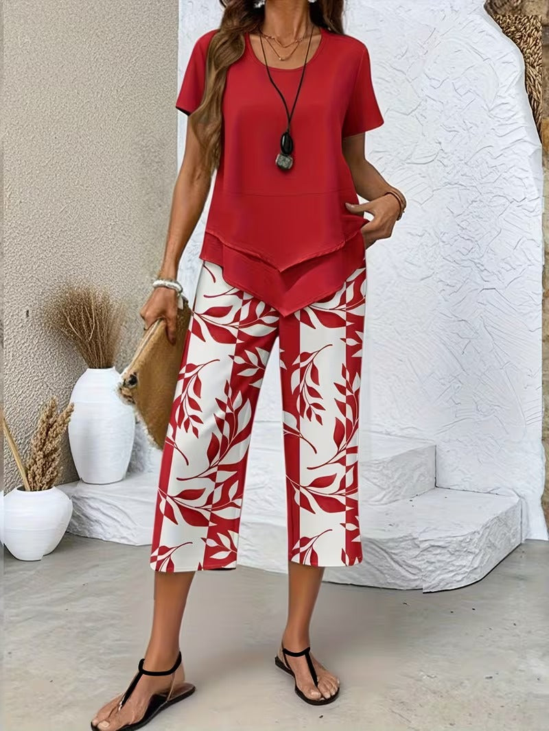 Women's Summer Leaf Print Two Piece Casual Set Outfit for Weddings Parties Holidays Occasions and Everyday Wear