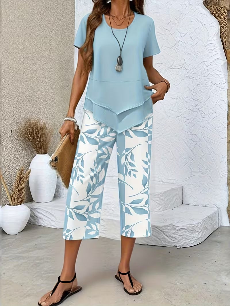 Women's Summer Leaf Print Two Piece Casual Set Outfit for Weddings Parties Holidays Occasions and Everyday Wear
