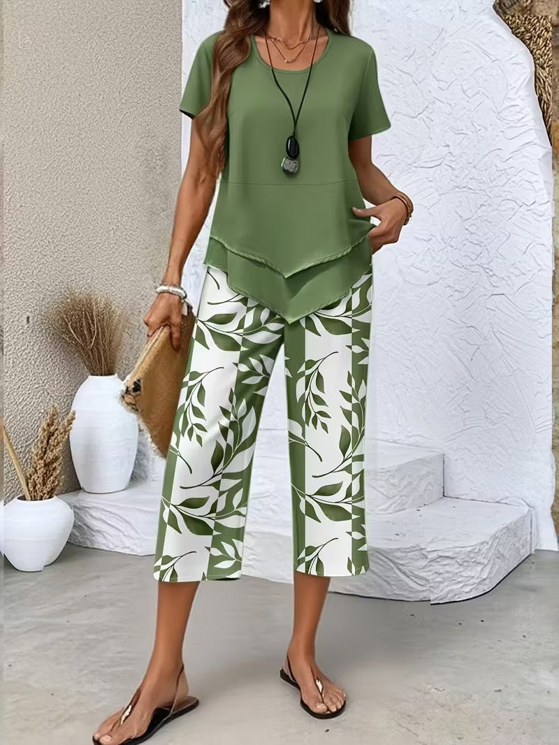 Women's Summer Leaf Print Two Piece Casual Set Outfit for Weddings Parties Holidays Occasions and Everyday Wear