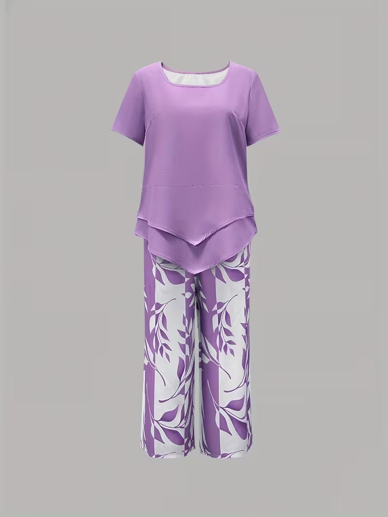 Women's Summer Leaf Print Two Piece Casual Set Outfit for Weddings Parties Holidays Occasions and Everyday Wear