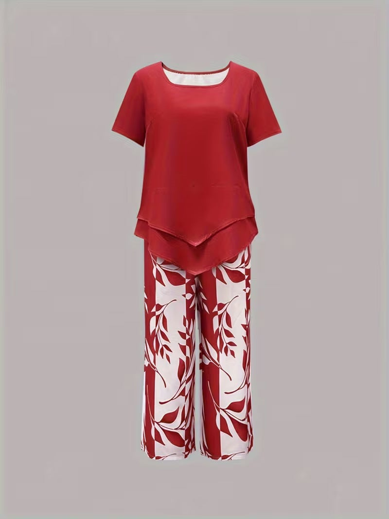Women's Summer Leaf Print Two Piece Casual Set Outfit for Weddings Parties Holidays Occasions and Everyday Wear