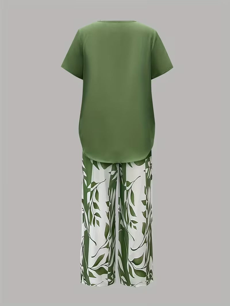 Women's Summer Leaf Print Two Piece Casual Set Outfit for Weddings Parties Holidays Occasions and Everyday Wear