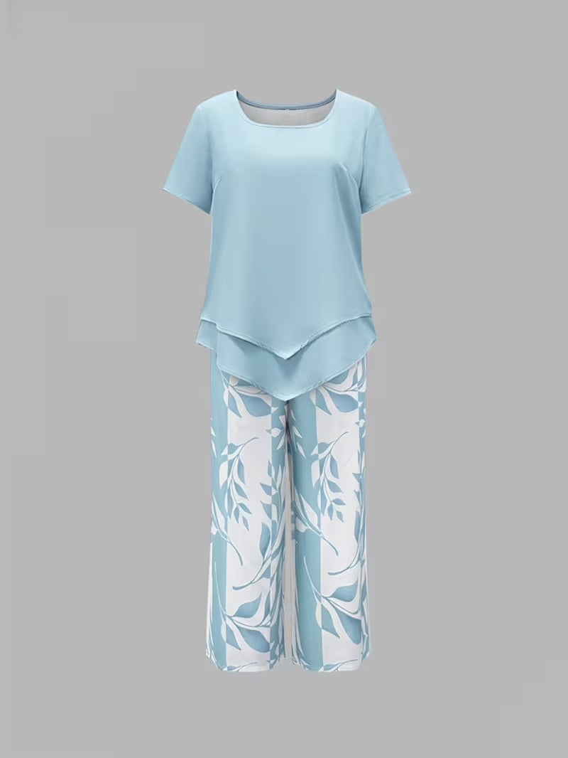 Women's Summer Leaf Print Two Piece Casual Set Outfit for Weddings Parties Holidays Occasions and Everyday Wear