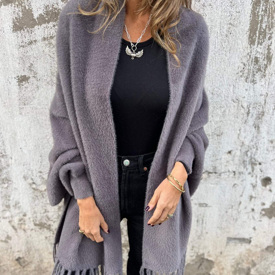 Women's Long Cardigan Shawl Collar Open Front Fringed Hem Layering