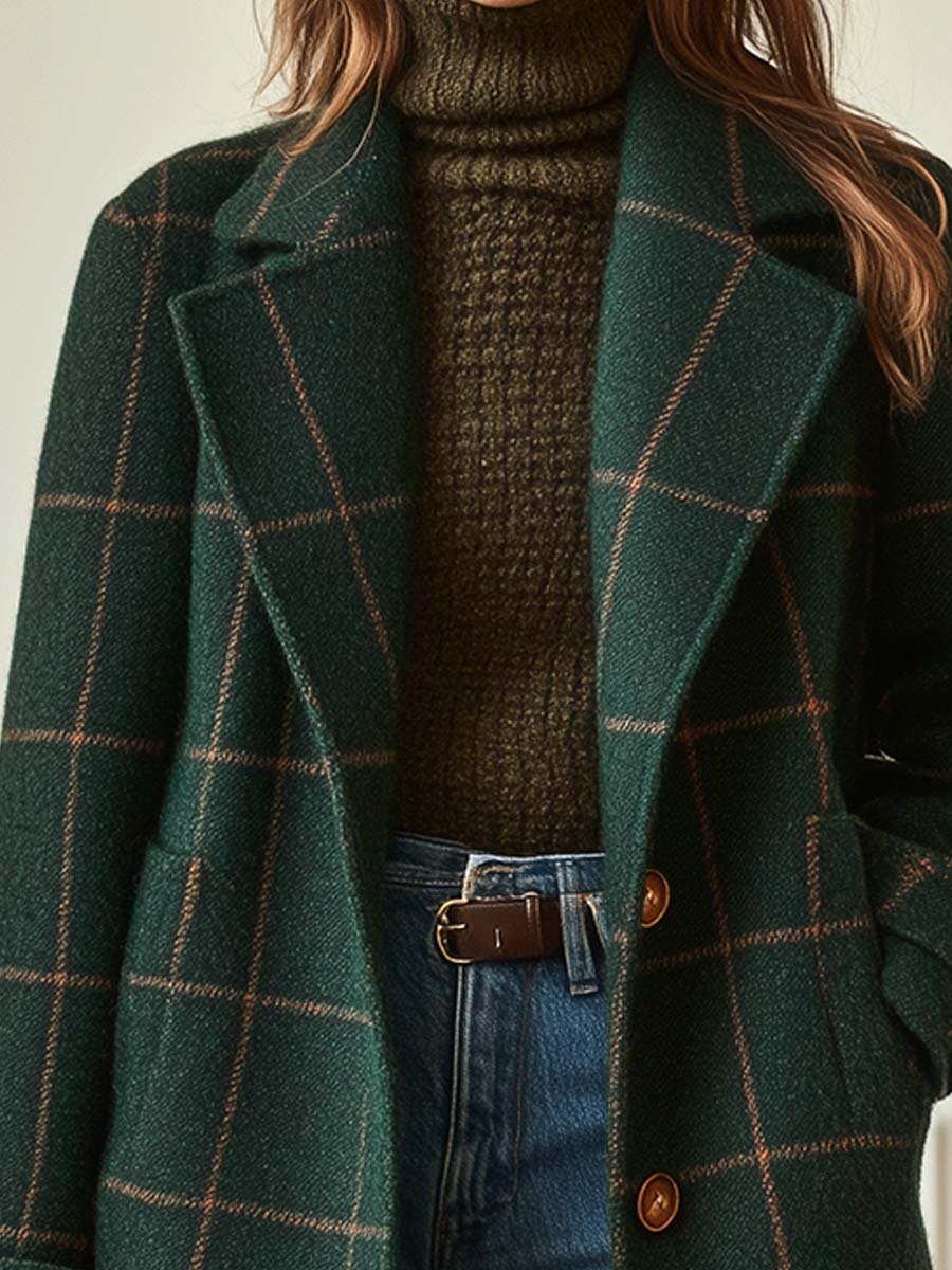 Women's Check Pattern Overcoat Tailored Fit Long Sleeve Button Closure Stylish Everyday