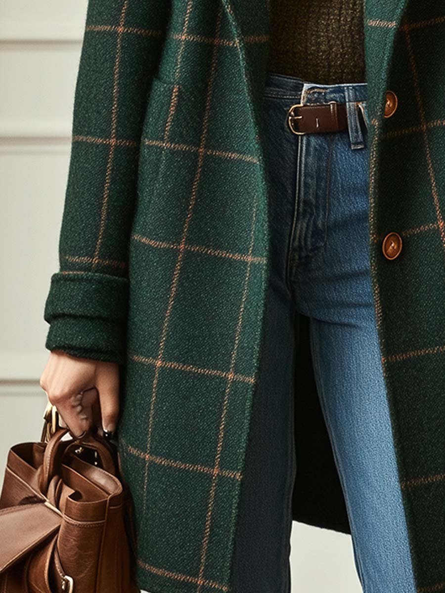 Women's Check Pattern Overcoat Tailored Fit Long Sleeve Button Closure Stylish Everyday