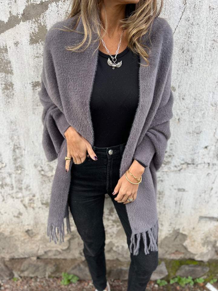 Women's Long Cardigan Shawl Collar Open Front Fringed Hem Layering