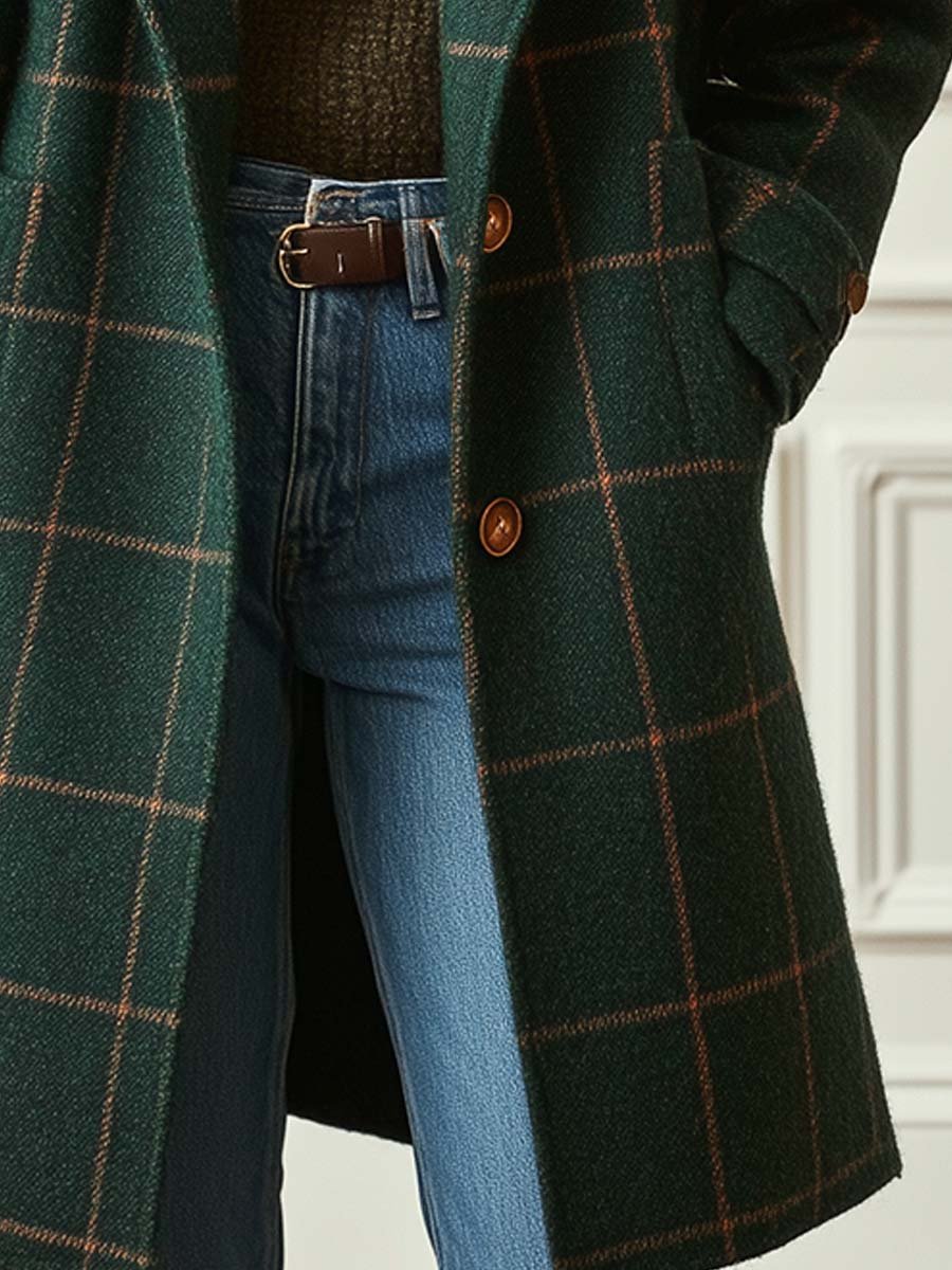 Women's Check Pattern Overcoat Tailored Fit Long Sleeve Button Closure Stylish Everyday