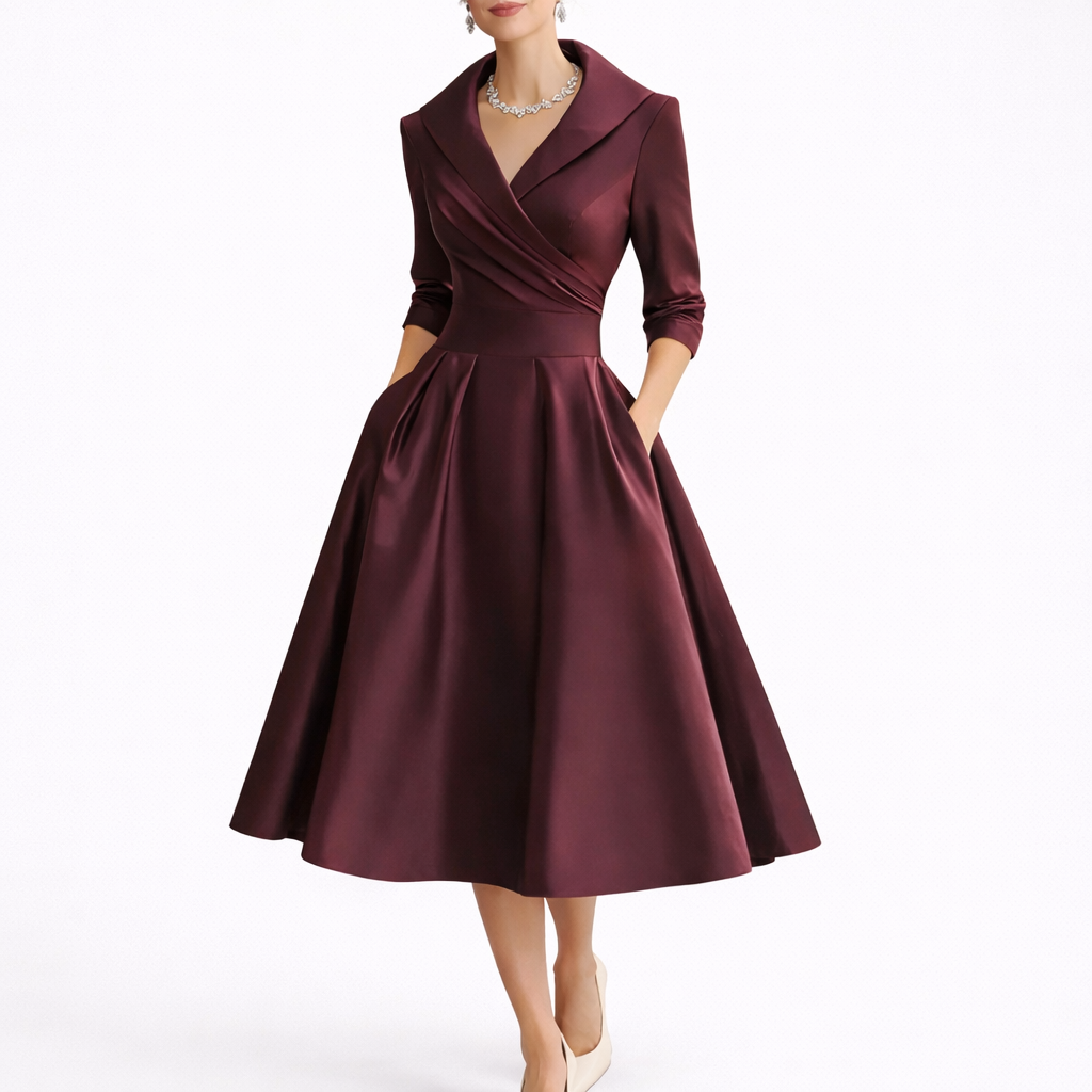 Women's Elegant Midi Dress Short Sleeve V-Neck A-Line Stylish Evening