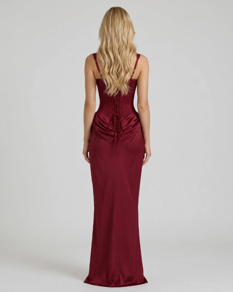 Women's Corset Maxi Burgundy Dress Outfit for Summer Holidays Weddings Parties and Everyday Wear
