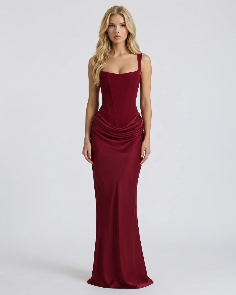 Women's Corset Maxi Burgundy Dress Outfit for Summer Holidays Weddings Parties and Everyday Wear