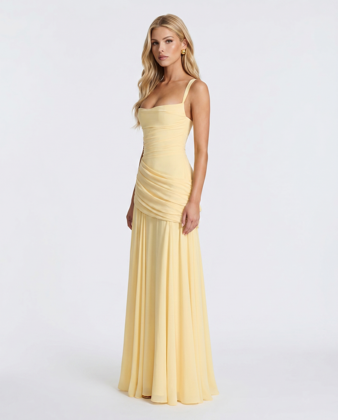 Women’s Elegant Ruched Maxi Dress | Yellow