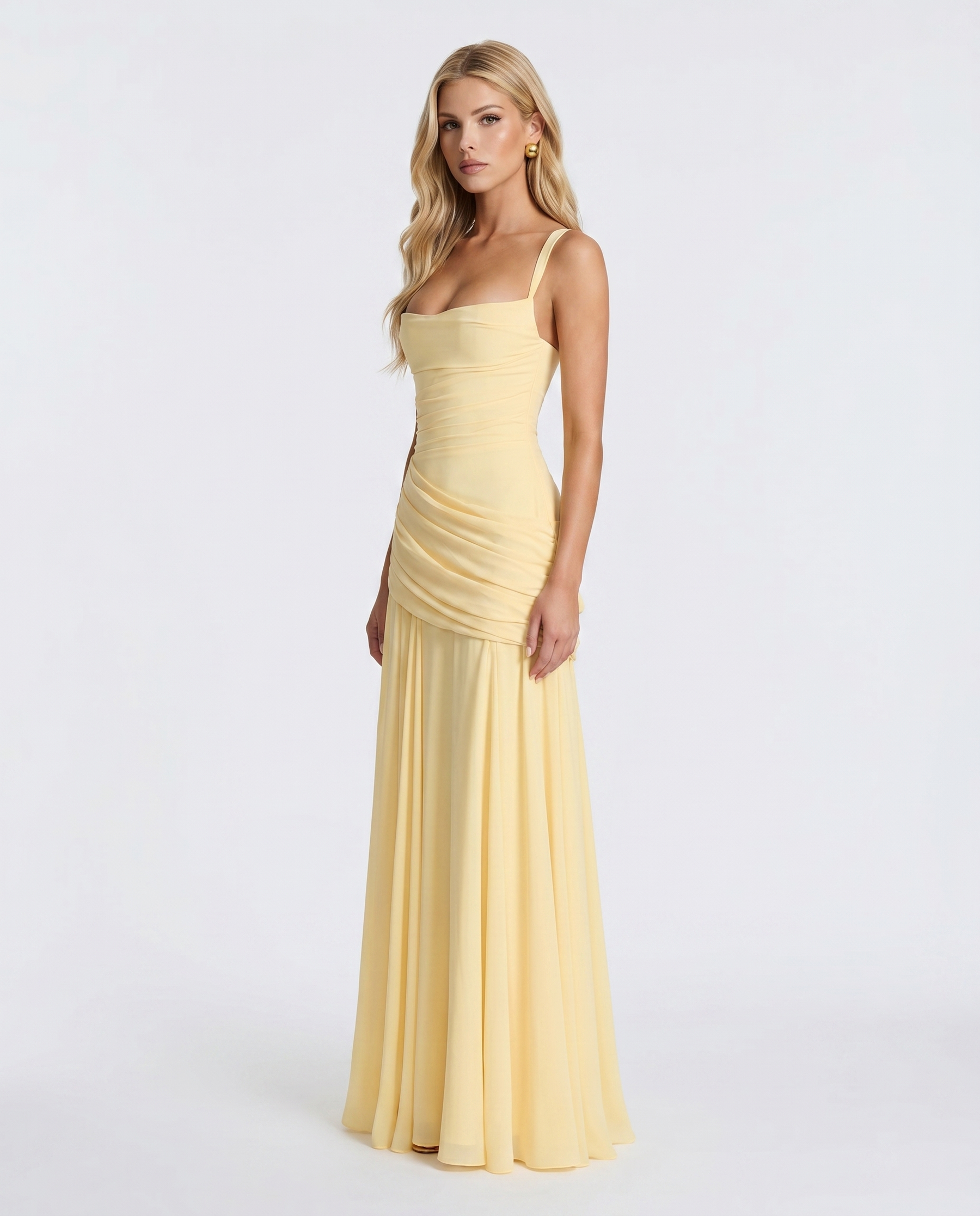 Women's Ruched Maxi Yellow Dress Outfit for Summer Holidays Weddings Parties and Everyday Wear