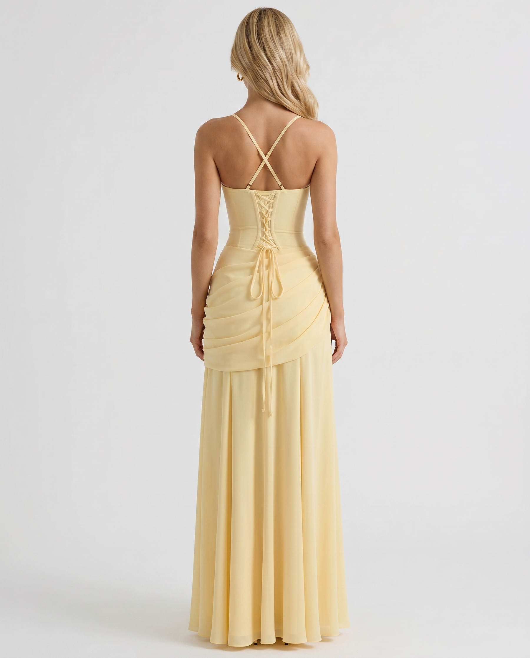 Women's Ruched Maxi Yellow Dress Outfit for Summer Holidays Weddings Parties and Everyday Wear