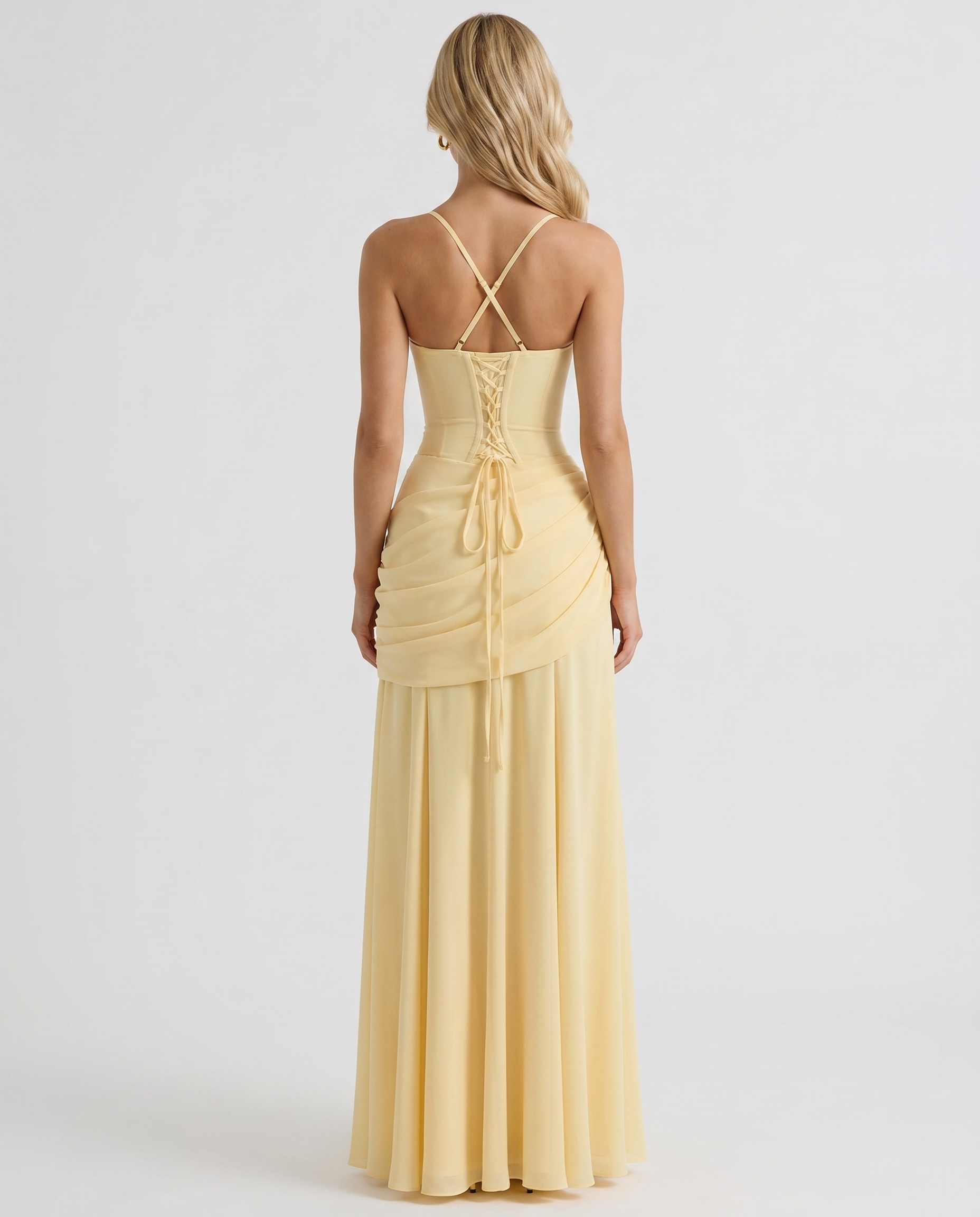 Women's Ruched Maxi Yellow Dress Outfit for Summer Holidays Weddings Parties and Everyday Wear