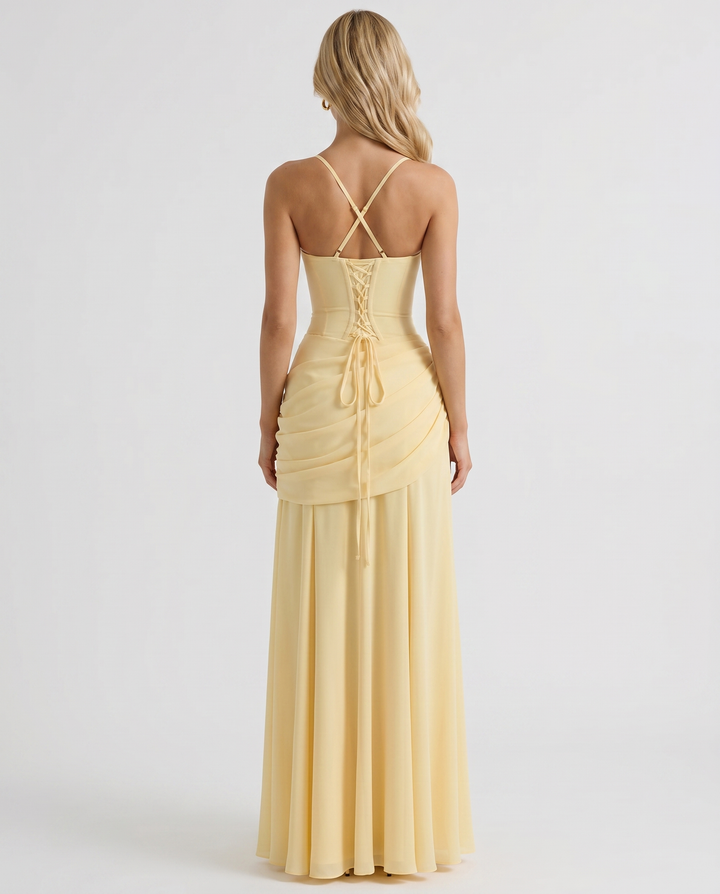 Women’s Elegant Ruched Maxi Dress | Yellow
