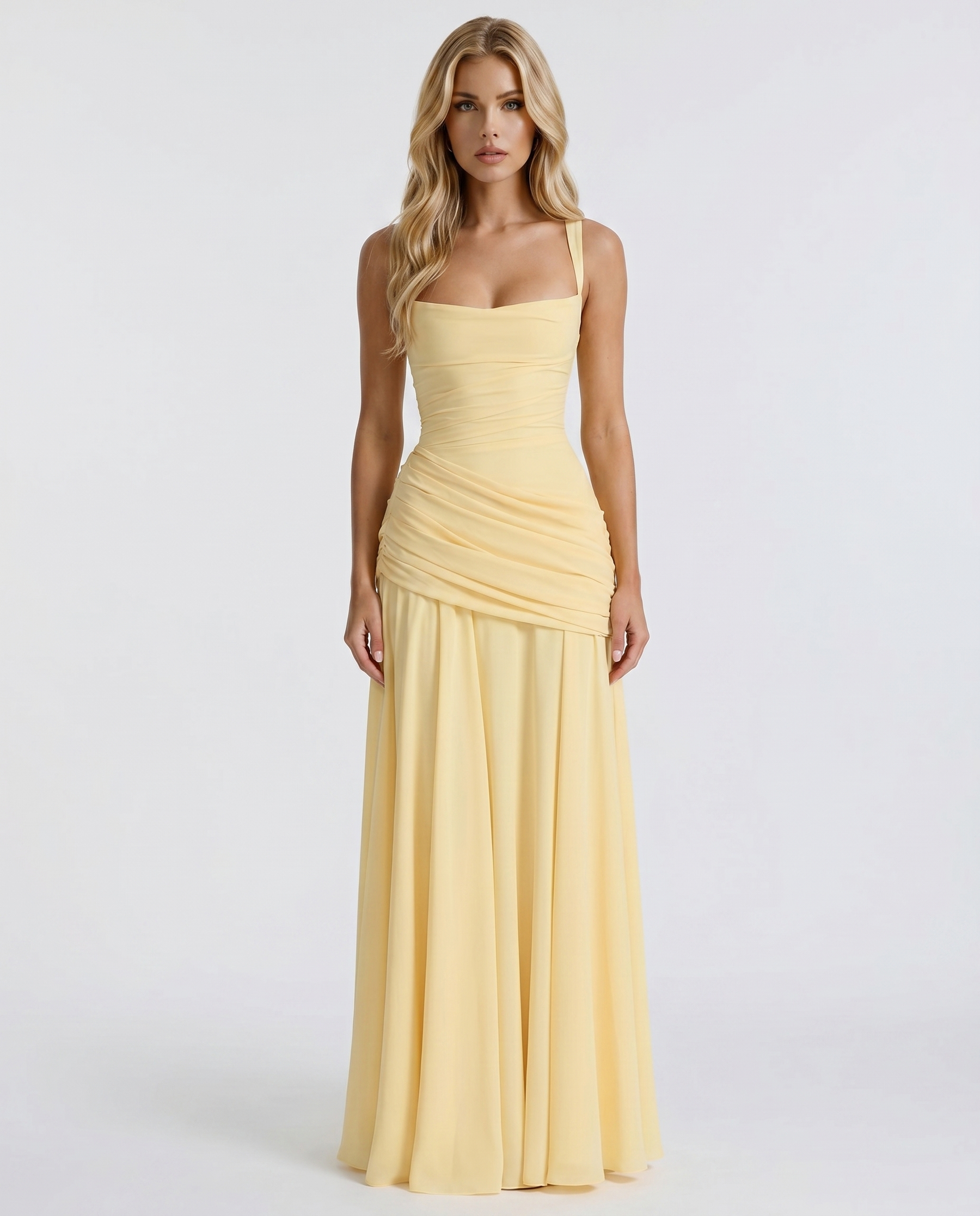 Women's Ruched Maxi Yellow Dress Outfit for Summer Holidays Weddings Parties and Everyday Wear