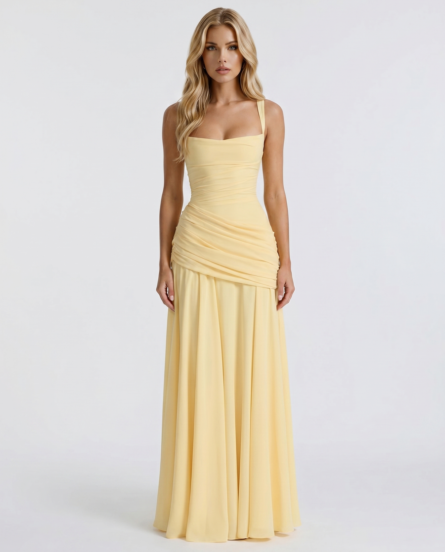 Women's Ruched Maxi Yellow Dress Outfit for Summer Holidays Weddings Parties and Everyday Wear