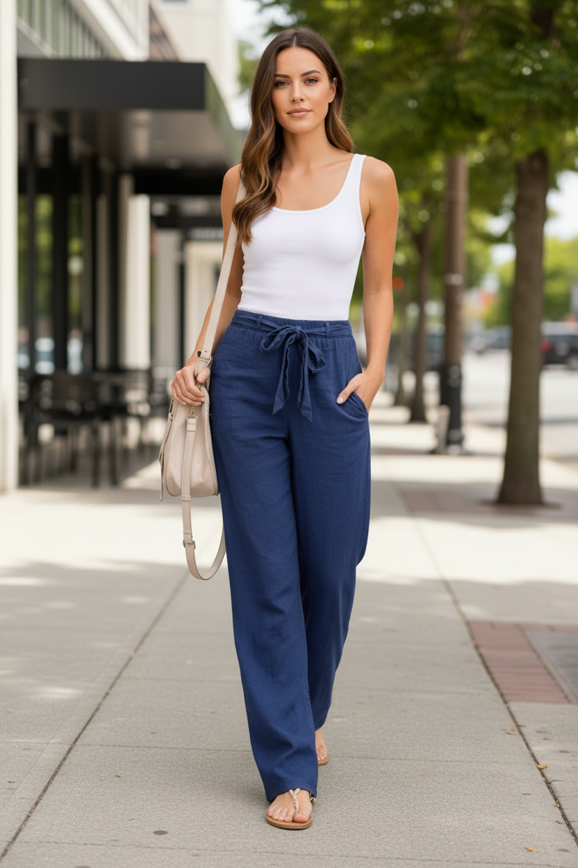 Women's Flowing Wide Leg Summer Trousers Pants Outfit for Work Casual Days Holidays and Everyday Wear