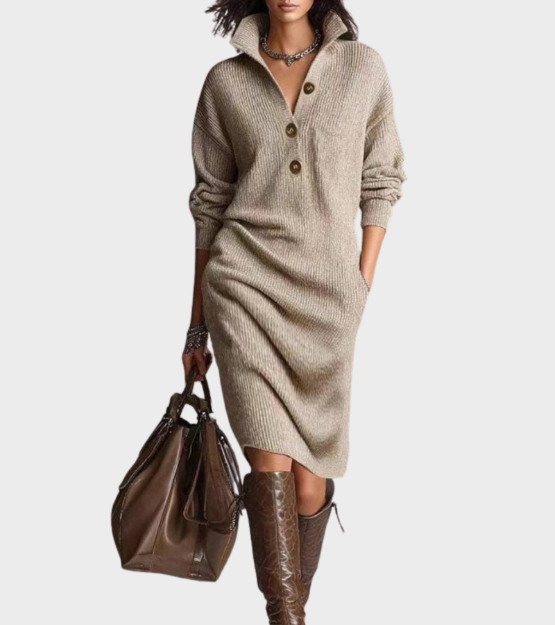 Women's Midi Sweater Dress Button Collar V-Neck Long Sleeve Casual Everyday
