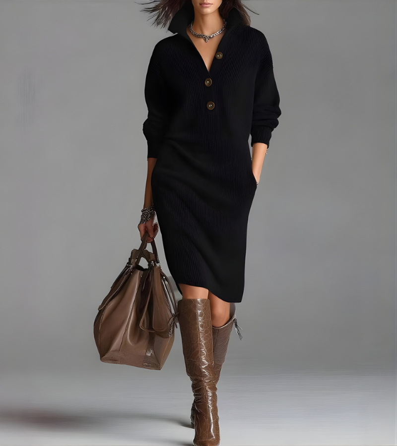 Women's Midi Sweater Dress Button Collar V-Neck Long Sleeve Casual Everyday