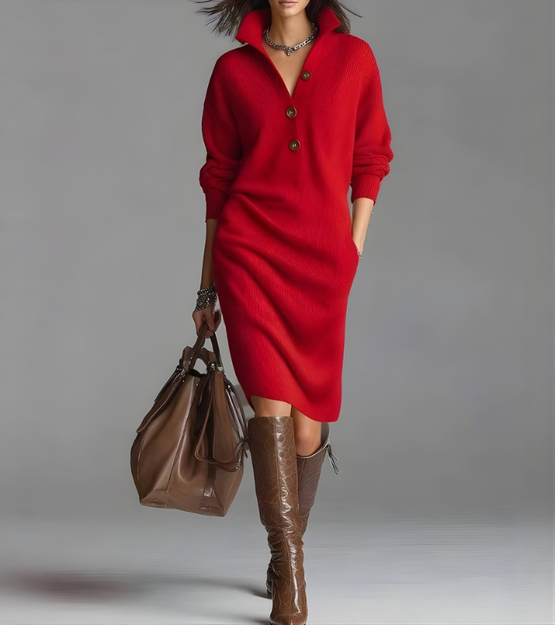 Women's Midi Sweater Dress Button Collar V-Neck Long Sleeve Casual Everyday