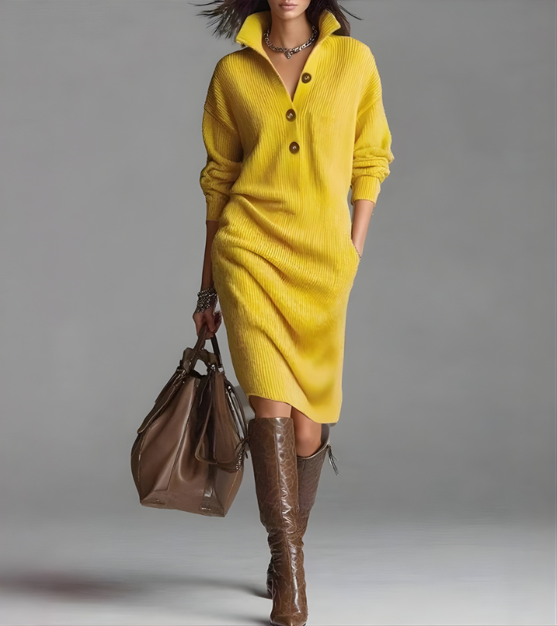 Women's Midi Sweater Dress Button Collar V-Neck Long Sleeve Casual Everyday