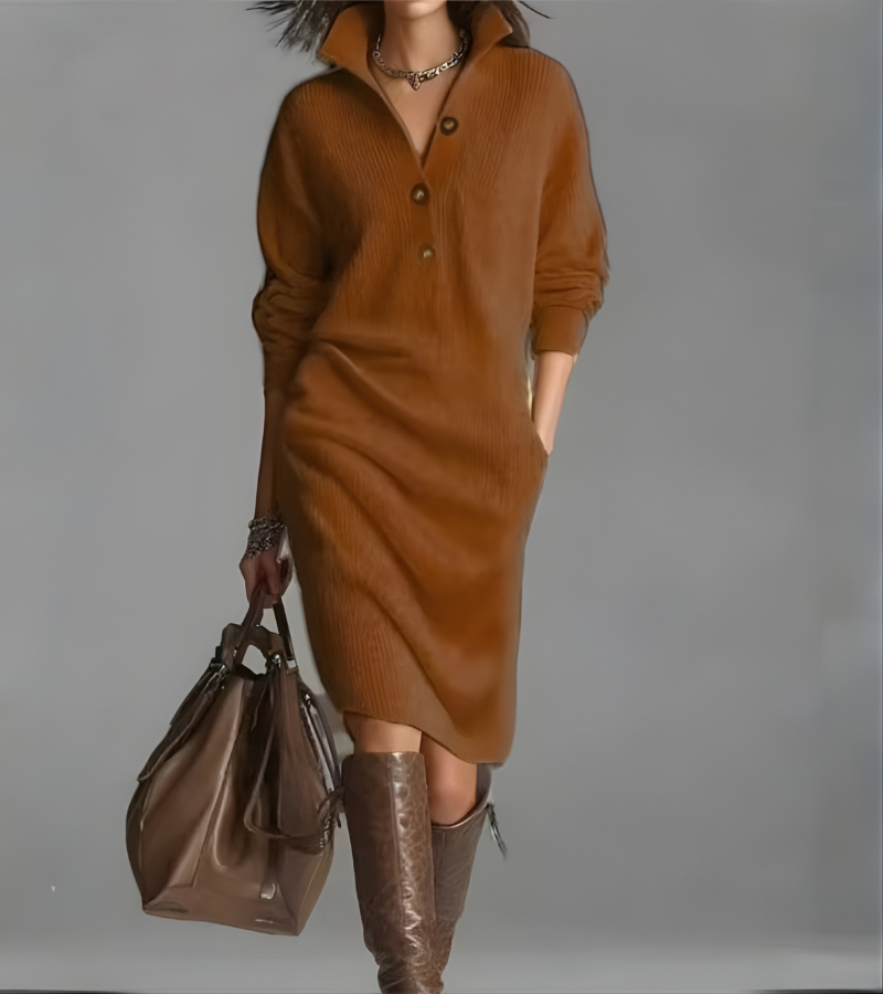 Women's Midi Sweater Dress Button Collar V-Neck Long Sleeve Casual Everyday