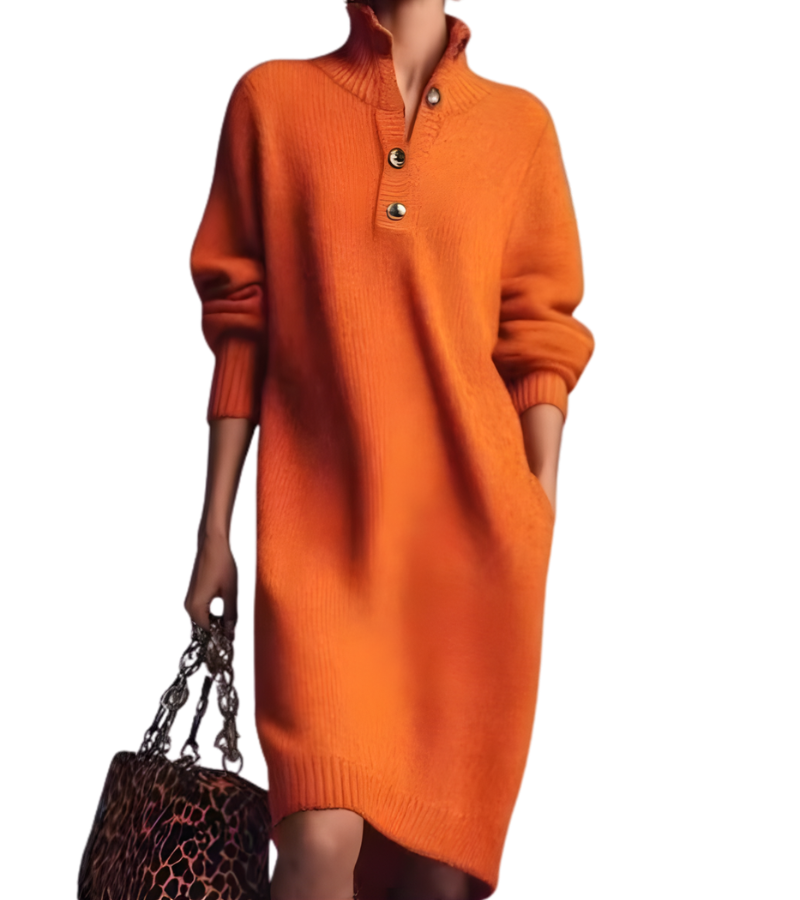 Women's Midi Sweater Dress Button Collar V-Neck Long Sleeve Casual Everyday