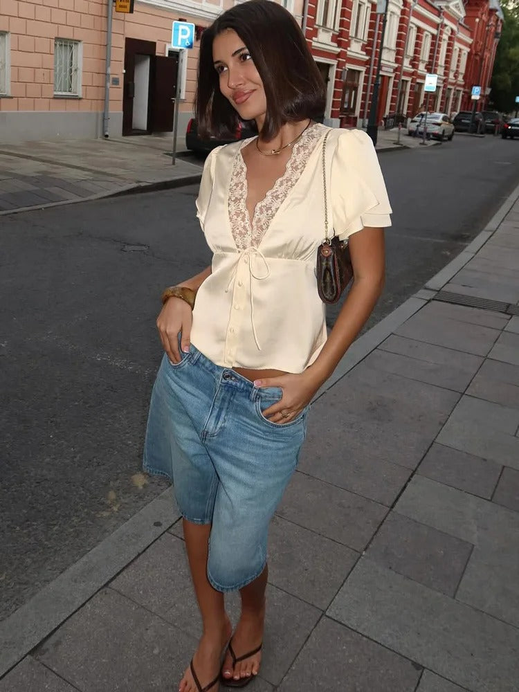 Women's Lace Trim Crop Top Outfit for Work Brunch Casual Days and Everyday Wear