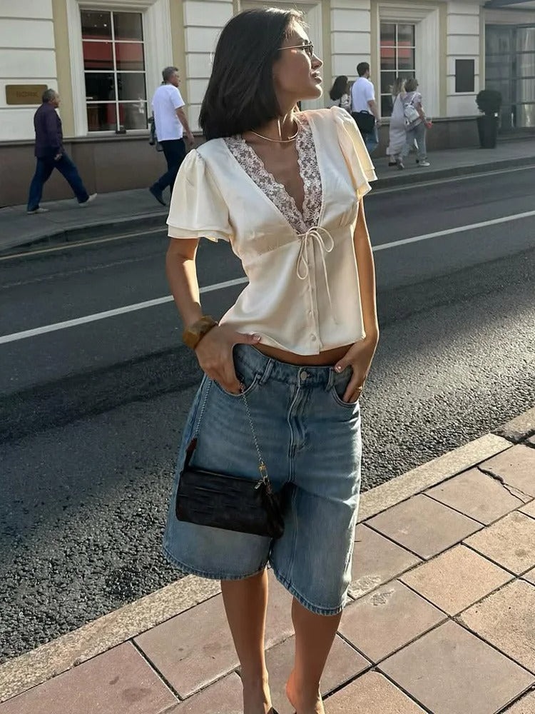 Women's Lace Trim Crop Top Outfit for Work Brunch Casual Days and Everyday Wear