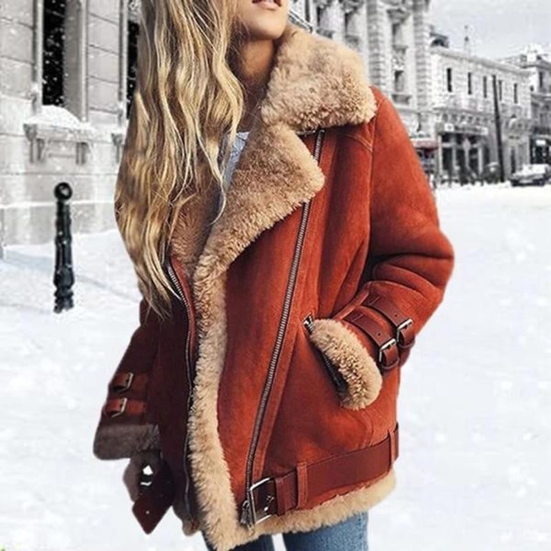 Women's Oversized Suede Jacket Sheepskin Lining Relaxed Fit Layering Casual