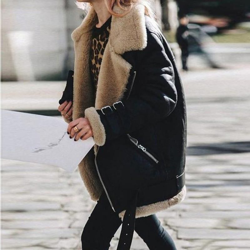 Women's Oversized Suede Jacket Sheepskin Lining Relaxed Fit Layering Casual