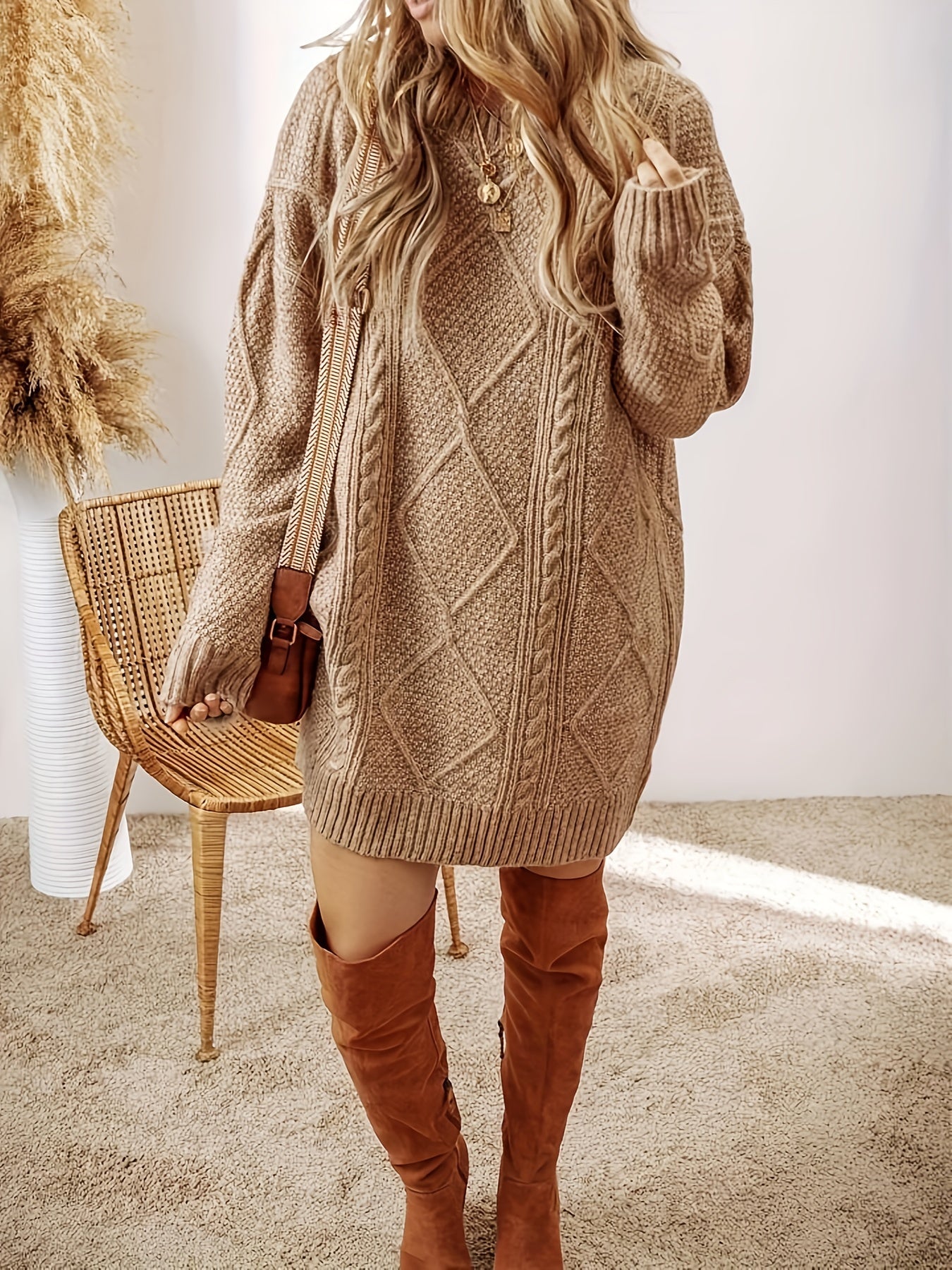 Women's Oversized Cable Knit Sweater Dress Long Sleeve Cozy Casual Midi