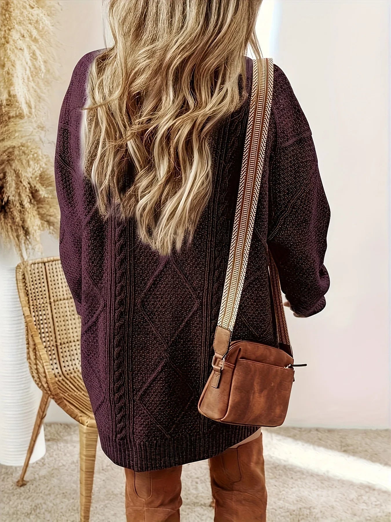Women's Oversized Cable Knit Sweater Dress Long Sleeve Cozy Casual Midi