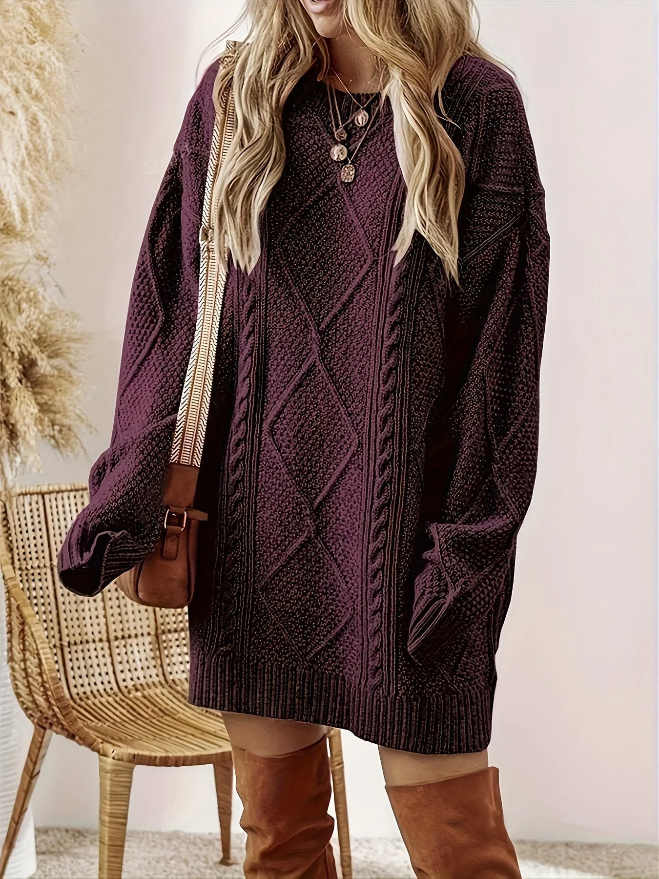 Women's Oversized Cable Knit Sweater Dress Long Sleeve Cozy Casual Midi