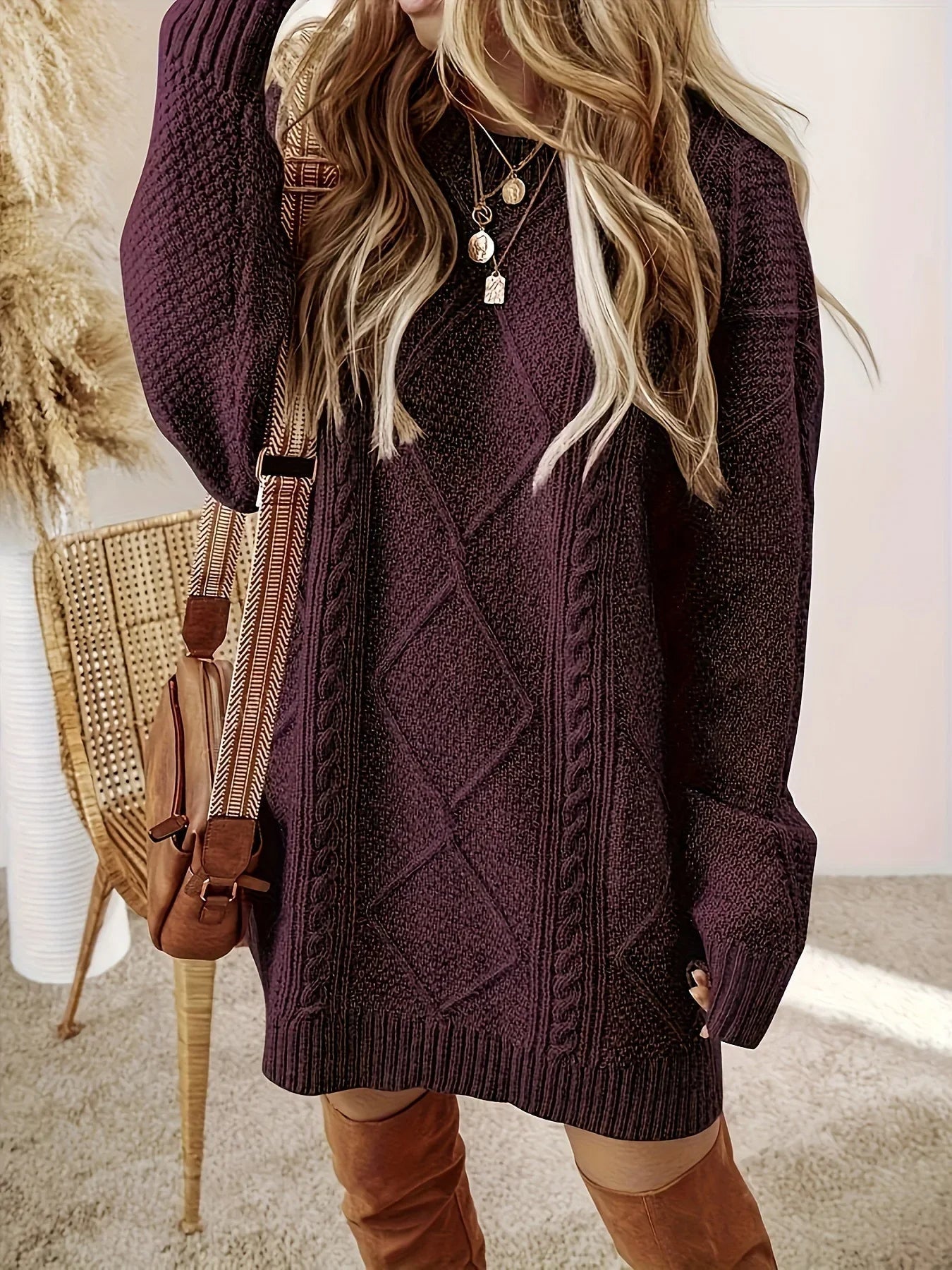 Women's Oversized Cable Knit Sweater Dress Long Sleeve Cozy Casual Midi