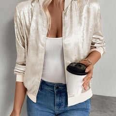 Women's Vintage Cropped Bomber Jacket Zip-Up Front Casual Retro Style