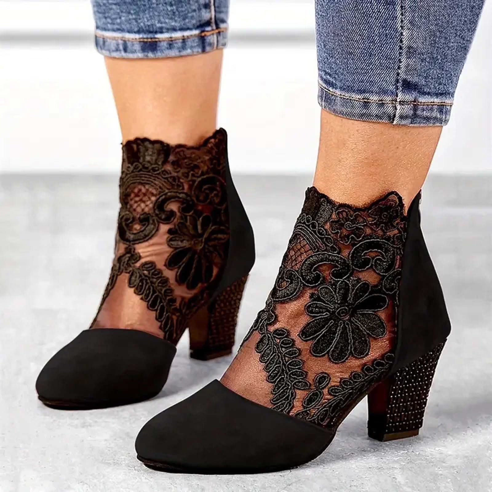 Women's Floral Ankle Boot Block Heel Footwear for Summer Holidays Weddings Parties and Everyday Wear