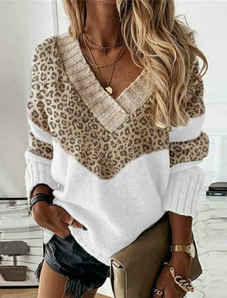 Women's V-Neck Sweater Leopard Print Long Sleeve Casual Stylish Everyday