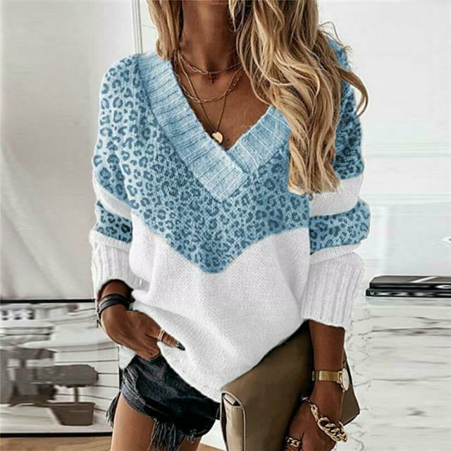 Women's V-Neck Sweater Leopard Print Long Sleeve Casual Stylish Everyday