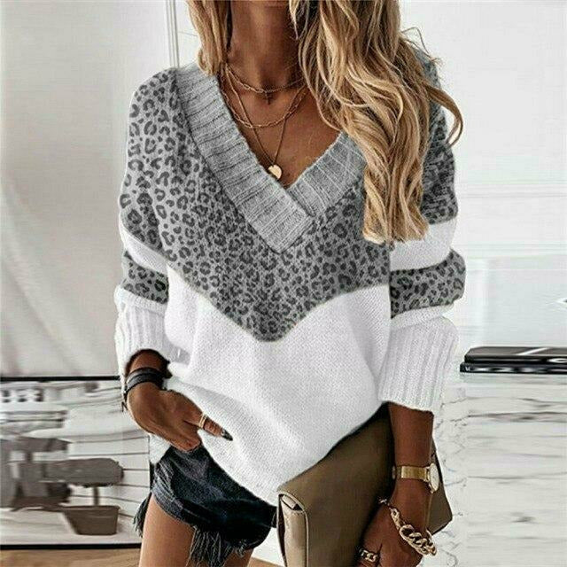 Women's V-Neck Sweater Leopard Print Long Sleeve Casual Stylish Everyday